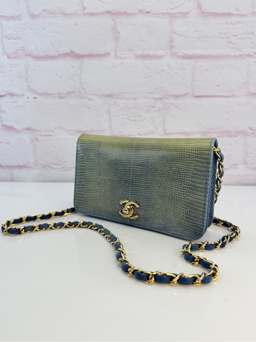 Chanel Blue Lizard Skin Flap Bag Wallet on Chain 0 Series